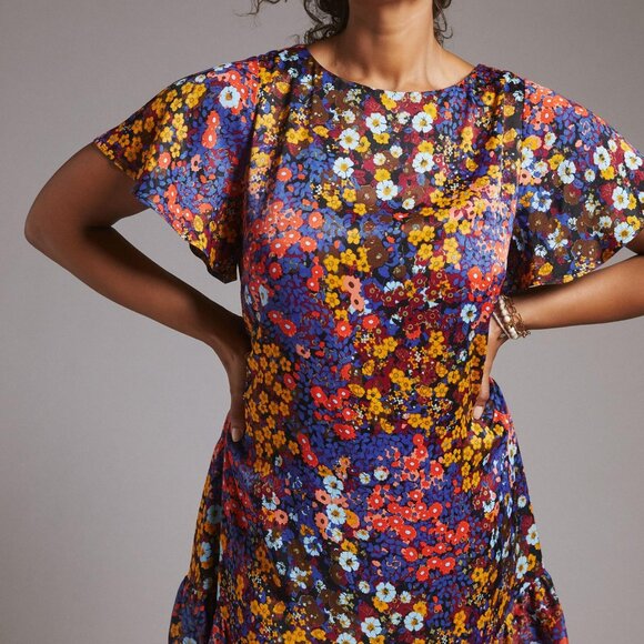 Anthropologie Ruffled Satin Mini Dress in Black Motif Size 14 - Picture 4 of 8